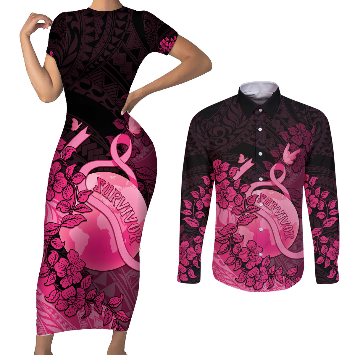 Personalised Cancer Fighter Couples Matching Short Sleeve Bodycon Dress and Long Sleeve Button Shirt I Beat Cancer