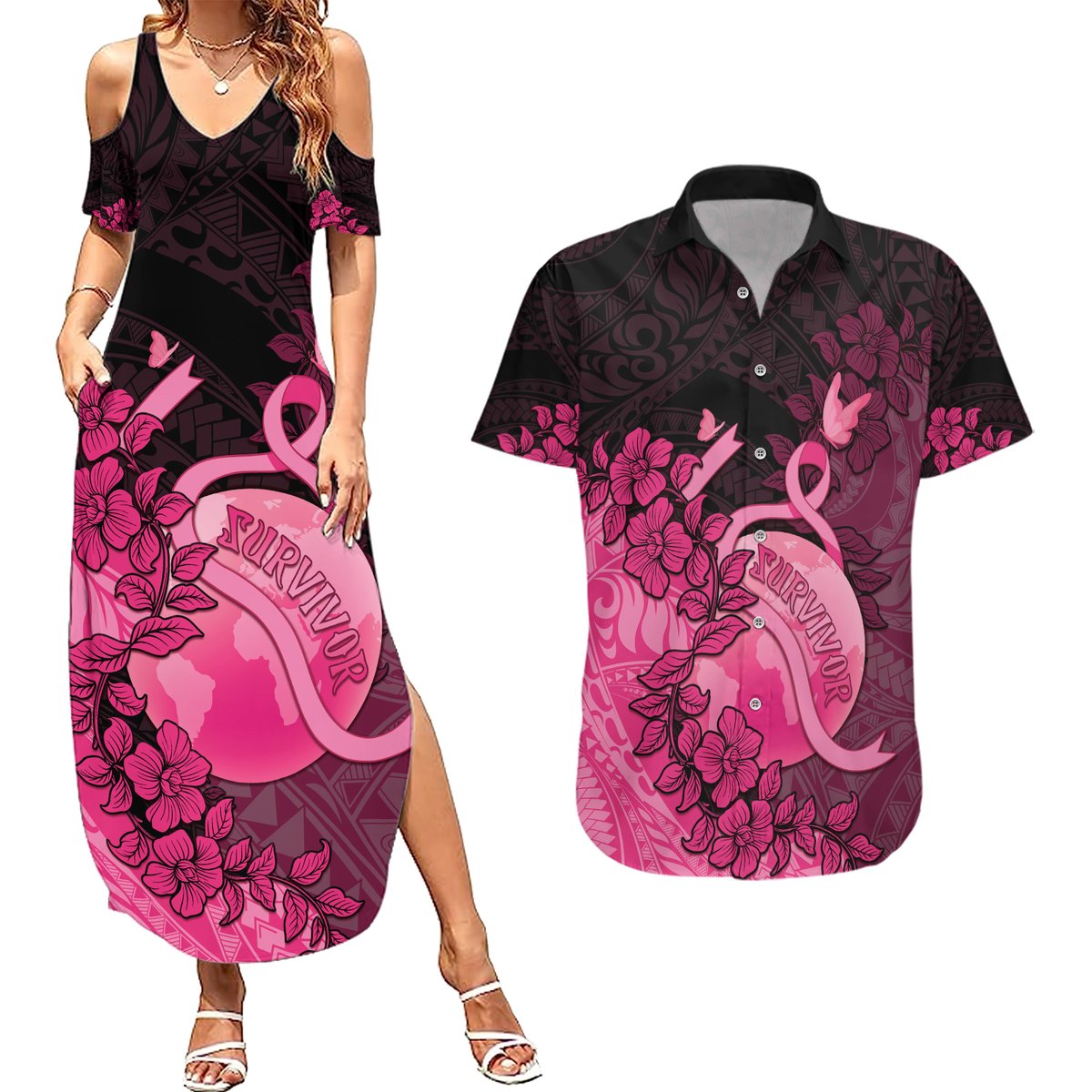 Personalised Cancer Fighter Couples Matching Summer Maxi Dress and Hawaiian Shirt I Beat Cancer