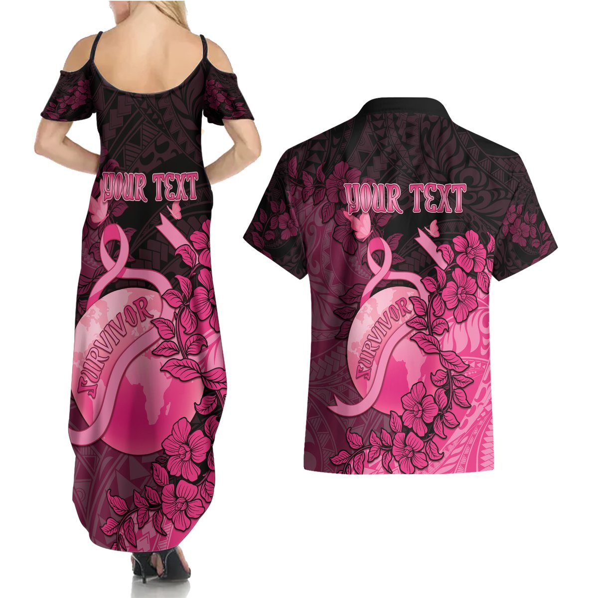 Personalised Cancer Fighter Couples Matching Summer Maxi Dress and Hawaiian Shirt I Beat Cancer