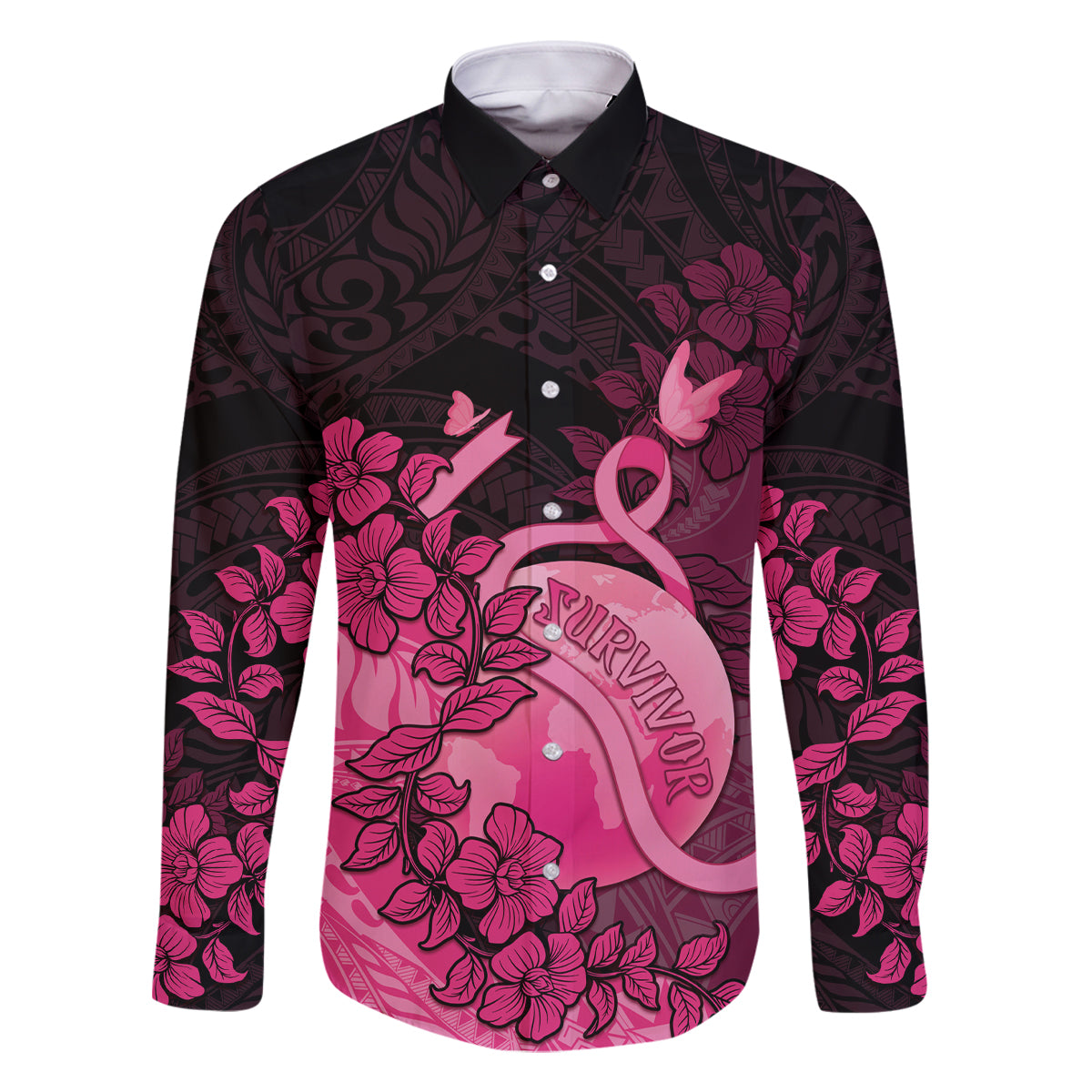 Personalised Cancer Fighter Family Matching Long Sleeve Bodycon Dress and Hawaiian Shirt I Beat Cancer LT05 Dad's Shirt - Long Sleeve Pink - Polynesian Pride