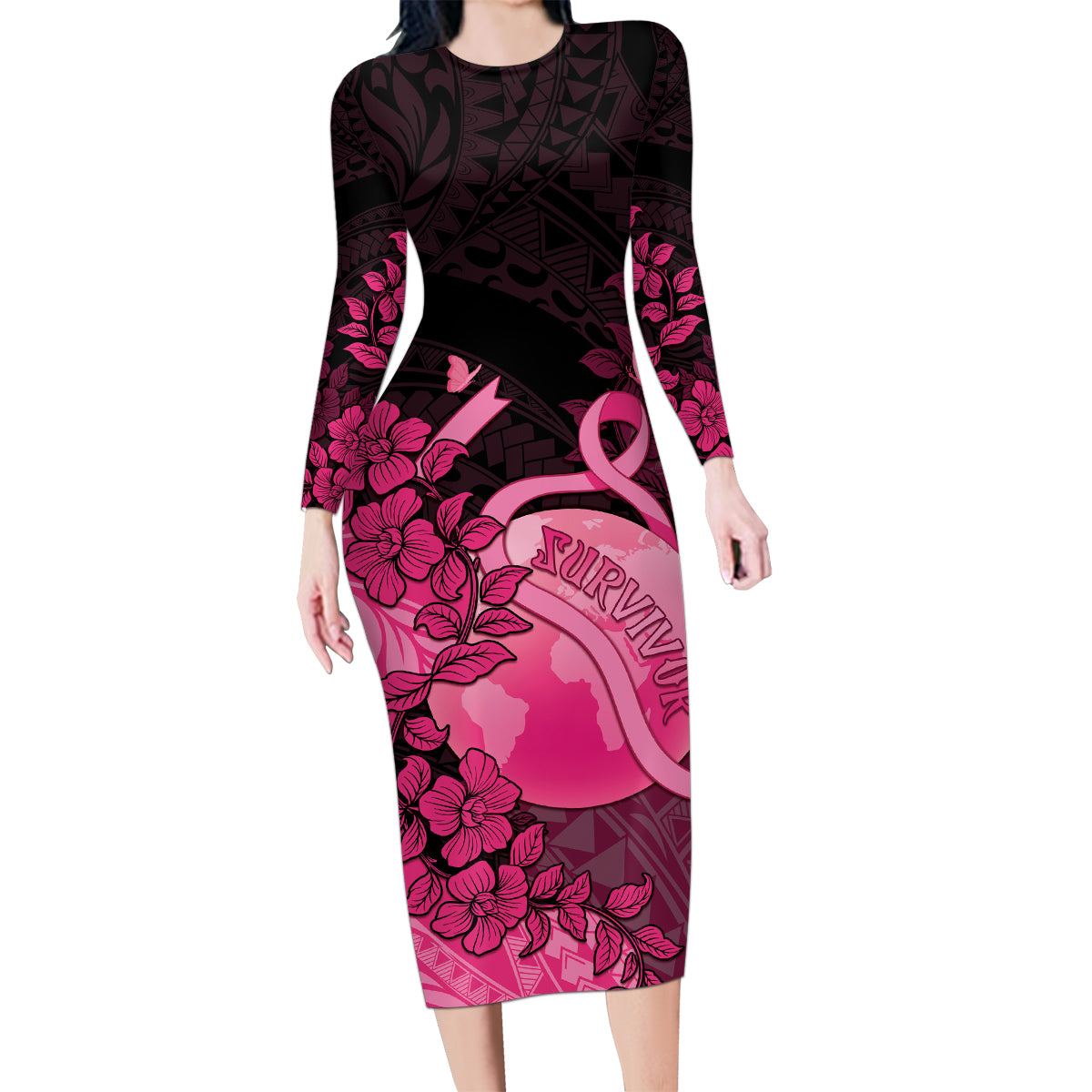 Personalised Cancer Fighter Family Matching Long Sleeve Bodycon Dress and Hawaiian Shirt I Beat Cancer LT05 Mom's Dress Pink - Polynesian Pride