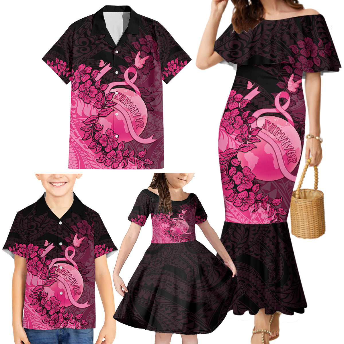 Personalised Cancer Fighter Family Matching Mermaid Dress and Hawaiian Shirt I Beat Cancer LT05 - Polynesian Pride