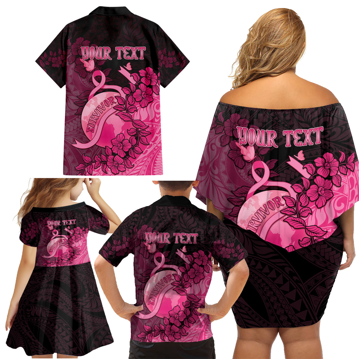Personalised Cancer Fighter Family Matching Off Shoulder Short Dress and Hawaiian Shirt I Beat Cancer LT05 - Polynesian Pride