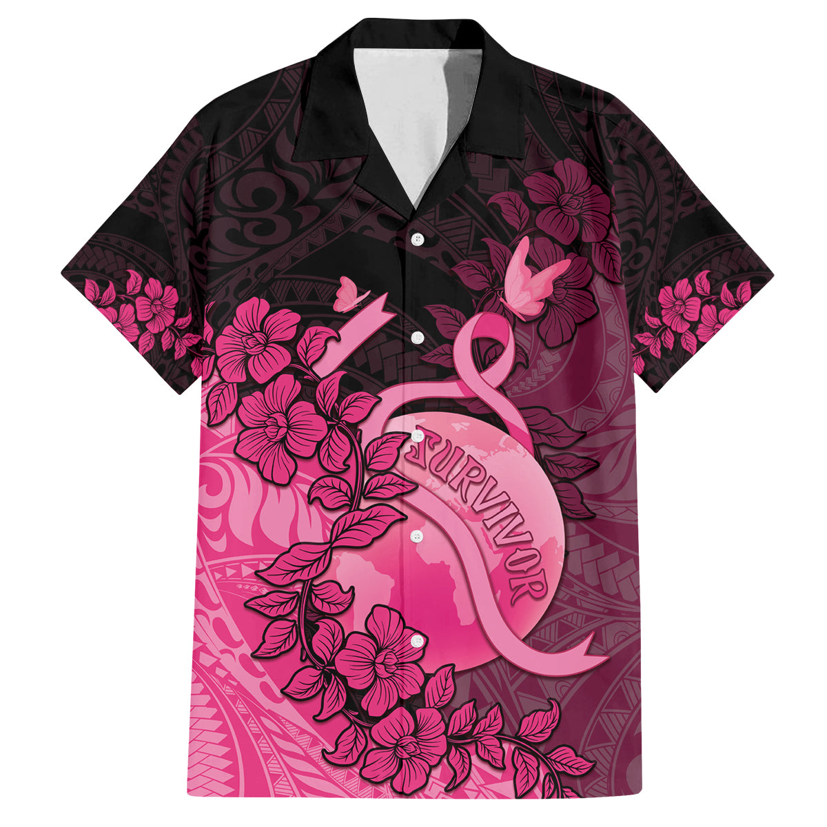 Personalised Cancer Fighter Family Matching Off Shoulder Short Dress and Hawaiian Shirt I Beat Cancer LT05 Dad's Shirt - Short Sleeve Pink - Polynesian Pride