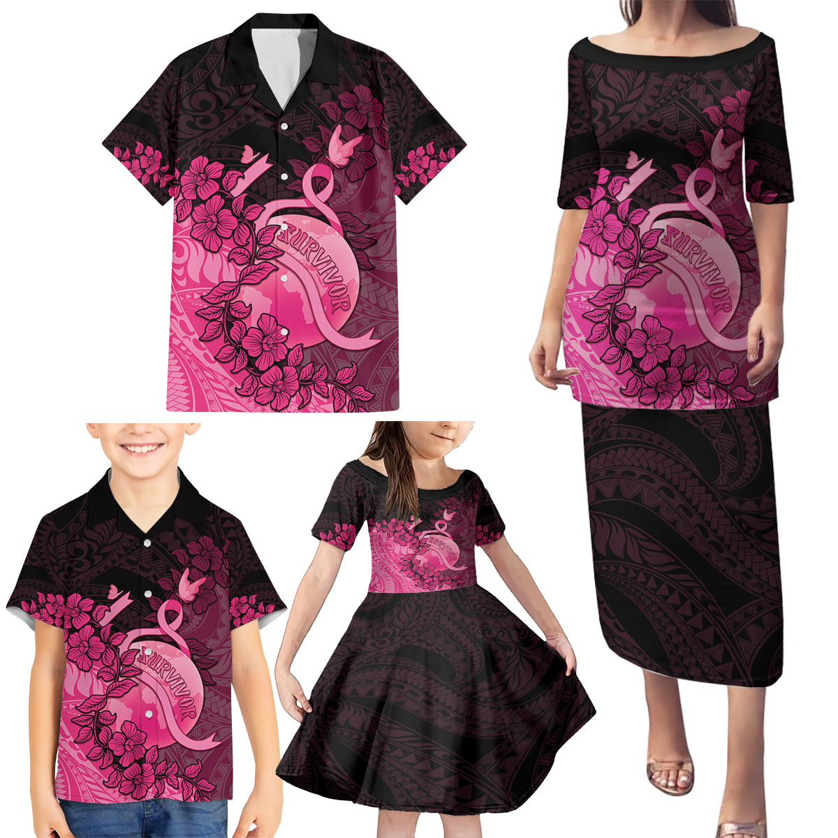 Personalised Cancer Fighter Family Matching Puletasi and Hawaiian Shirt I Beat Cancer LT05 - Polynesian Pride