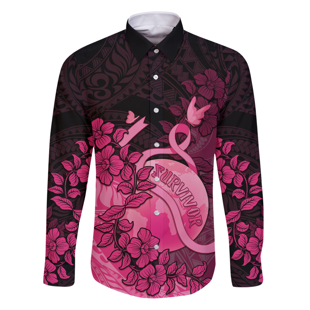 Personalised Cancer Fighter Family Matching Puletasi and Hawaiian Shirt I Beat Cancer LT05 Dad's Shirt - Long Sleeve Pink - Polynesian Pride