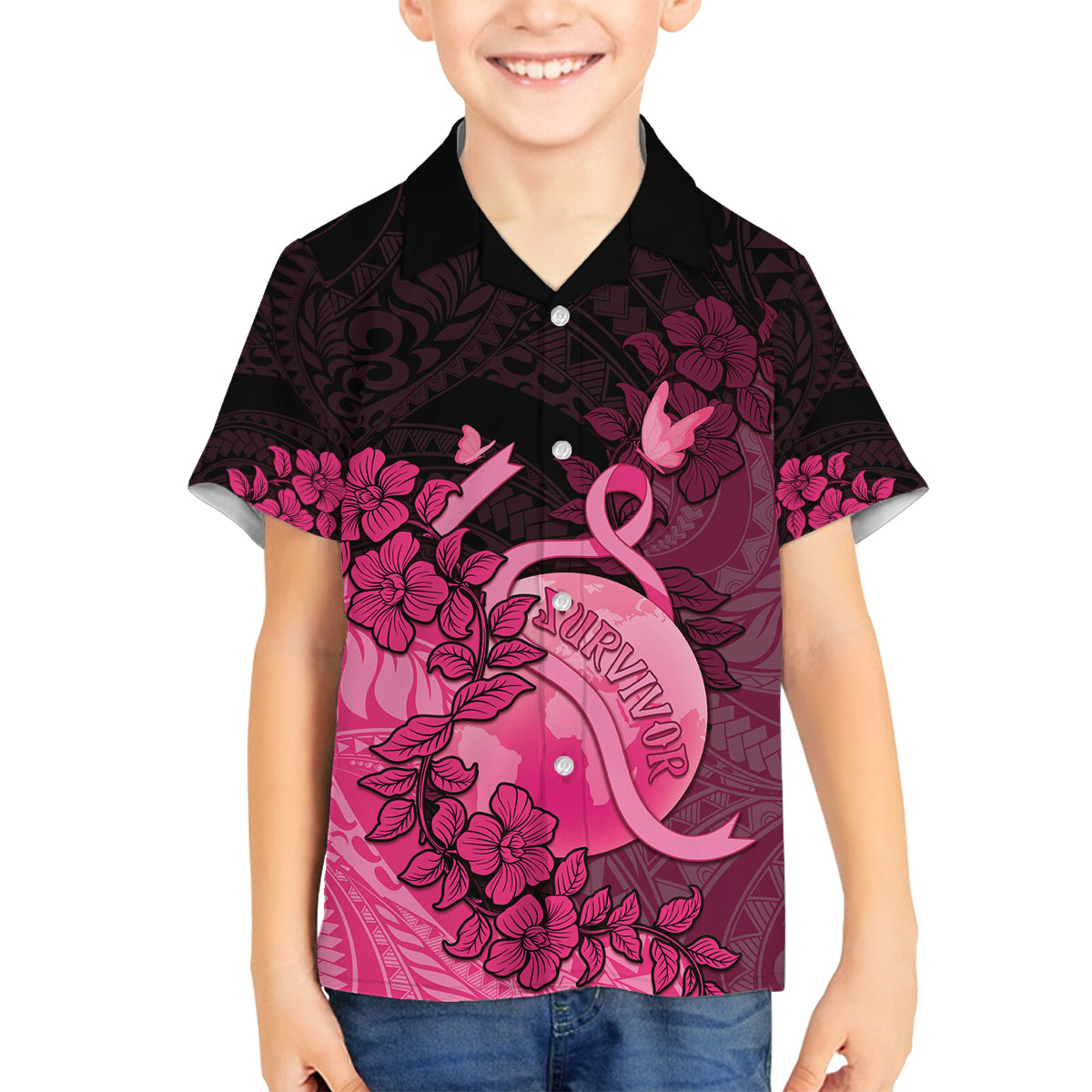 Personalised Cancer Fighter Family Matching Tank Maxi Dress and Hawaiian Shirt I Beat Cancer LT05 Son's Shirt Pink - Polynesian Pride