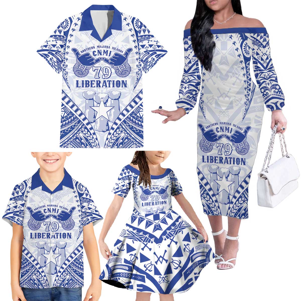 Northern Mariana Islands Liberation Day Family Matching Off The Shoulder Long Sleeve Dress and Hawaiian Shirt 79th Anniversary LT05 - Polynesian Pride