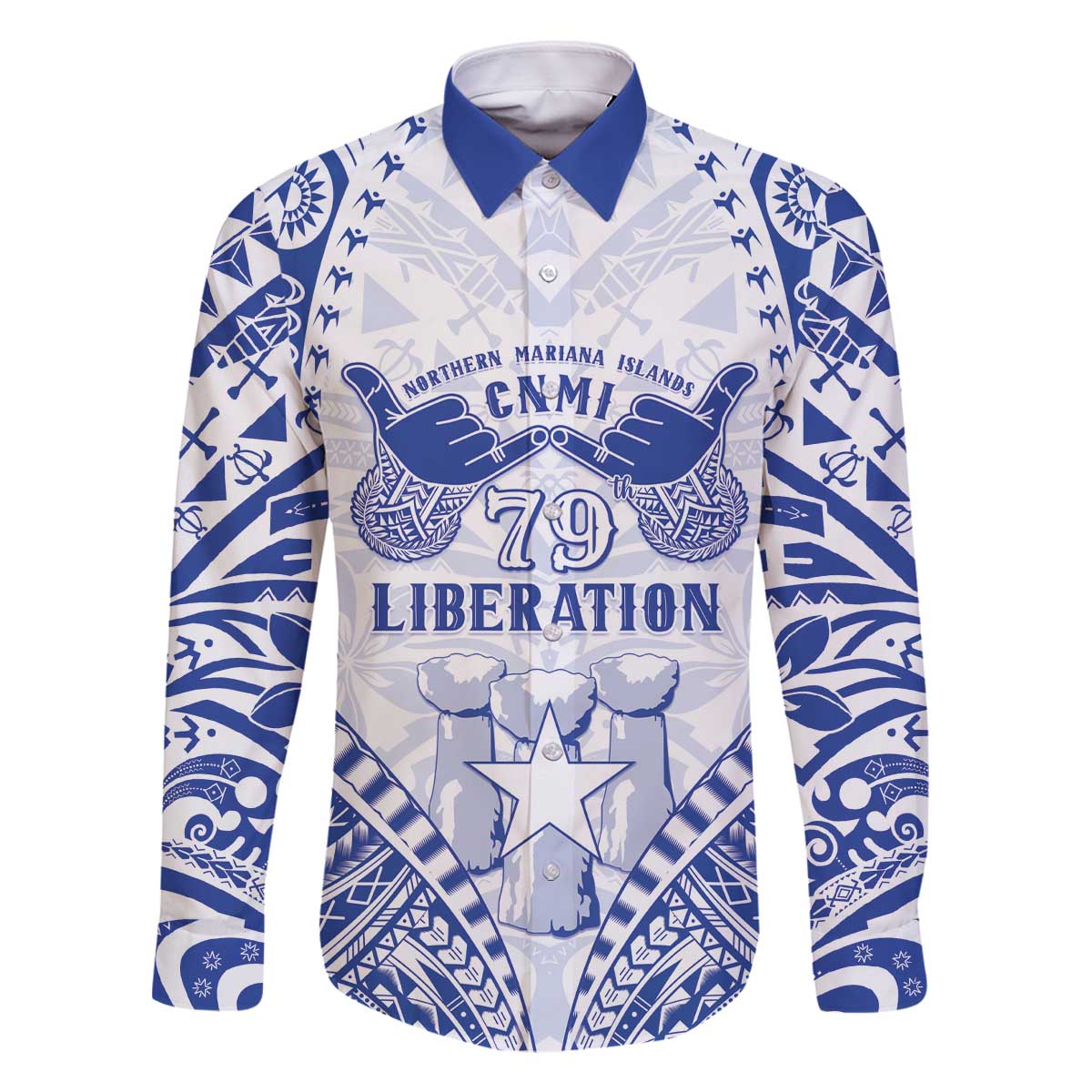 Northern Mariana Islands Liberation Day Family Matching Off The Shoulder Long Sleeve Dress and Hawaiian Shirt 79th Anniversary LT05 Dad's Shirt - Long Sleeve Blue - Polynesian Pride