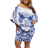 Northern Mariana Islands Liberation Day Family Matching Off Shoulder Short Dress and Hawaiian Shirt 79th Anniversary LT05 Mom's Dress Blue - Polynesian Pride
