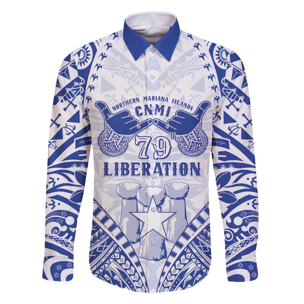Northern Mariana Islands Liberation Day Family Matching Tank Maxi Dress and Hawaiian Shirt 79th Anniversary LT05 Dad's Shirt - Long Sleeve Blue - Polynesian Pride