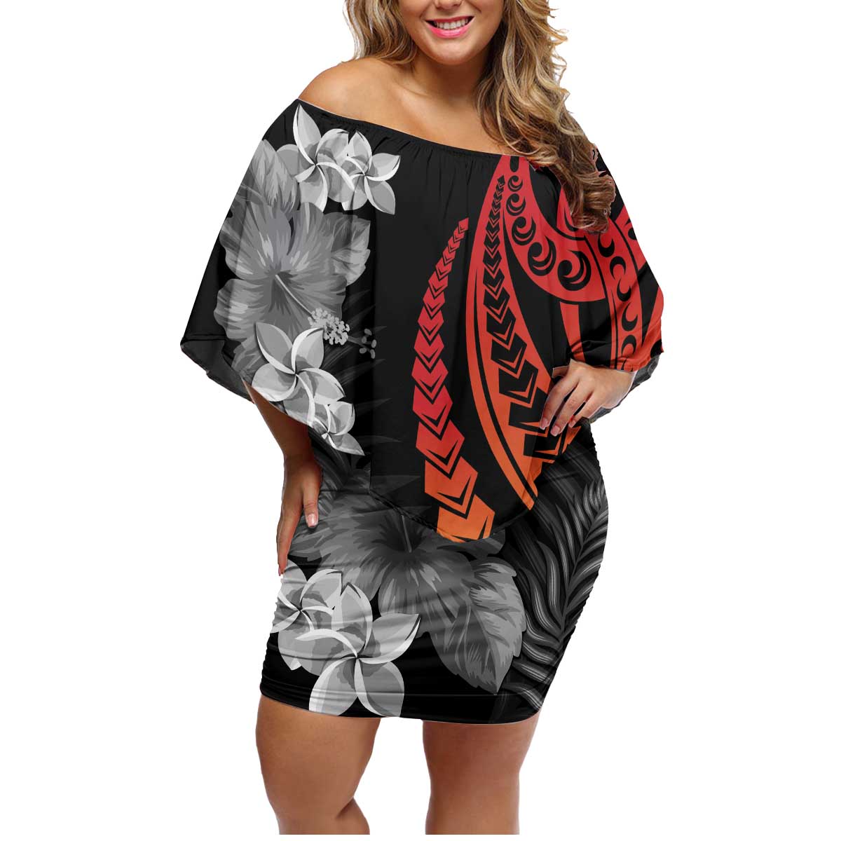French Polynesia Bastille Day Family Matching Off Shoulder Short Dress and Hawaiian Shirt Tropical Turtle Hibiscus Polynesian Pattern