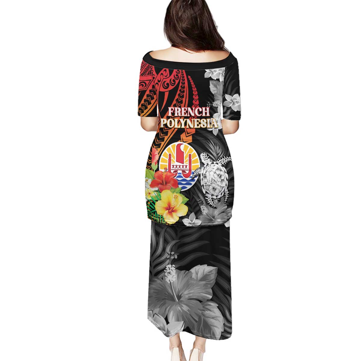 French Polynesia Bastille Day Family Matching Puletasi and Hawaiian Shirt Tropical Turtle Hibiscus Polynesian Pattern