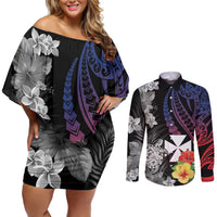 Wallis and Futuna Bastille Day Couples Matching Off Shoulder Short Dress and Long Sleeve Button Shirt Tropical Turtle Hibiscus Polynesian Pattern