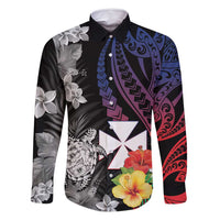 Wallis and Futuna Bastille Day Family Matching Long Sleeve Bodycon Dress and Hawaiian Shirt Tropical Turtle Hibiscus Polynesian Pattern LT05 Dad's Shirt - Long Sleeve Black - Polynesian Pride