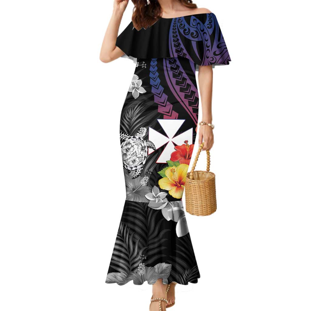 Wallis and Futuna Bastille Day Family Matching Mermaid Dress and Hawaiian Shirt Tropical Turtle Hibiscus Polynesian Pattern LT05 Mom's Dress Black - Polynesian Pride