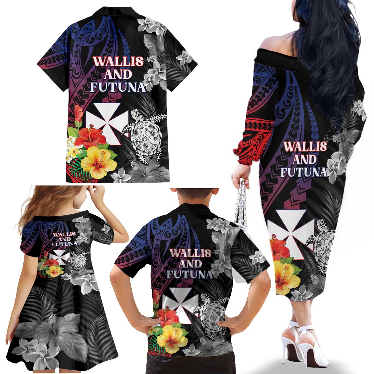 Wallis and Futuna Bastille Day Family Matching Off The Shoulder Long Sleeve Dress and Hawaiian Shirt Tropical Turtle Hibiscus Polynesian Pattern LT05 - Polynesian Pride