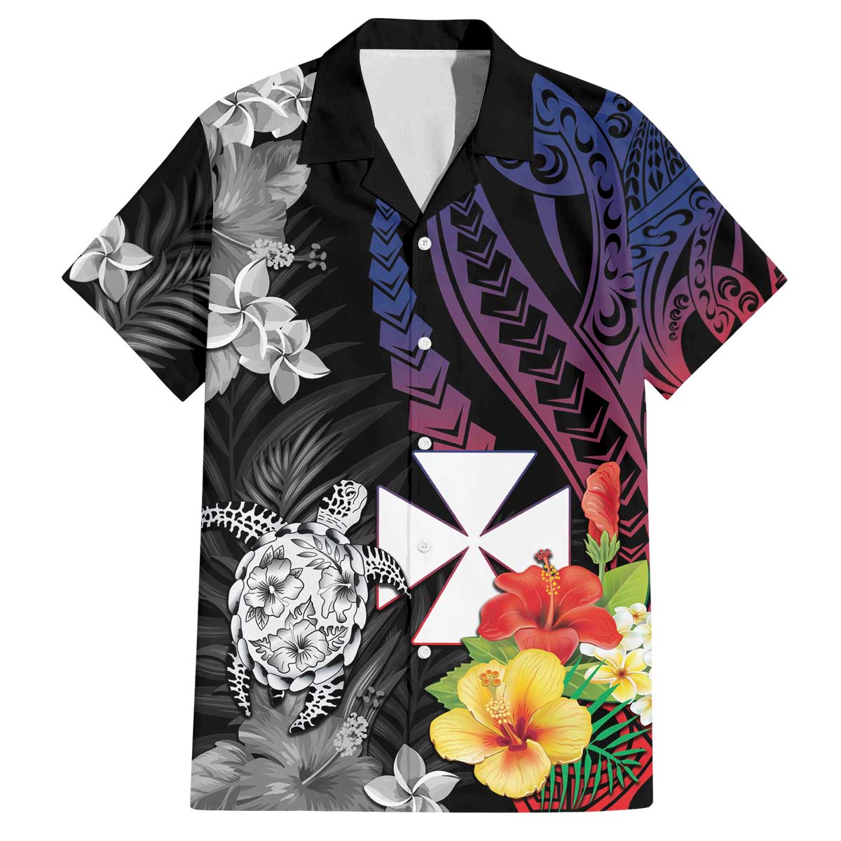Wallis and Futuna Bastille Day Family Matching Off The Shoulder Long Sleeve Dress and Hawaiian Shirt Tropical Turtle Hibiscus Polynesian Pattern LT05 Dad's Shirt - Short Sleeve Black - Polynesian Pride