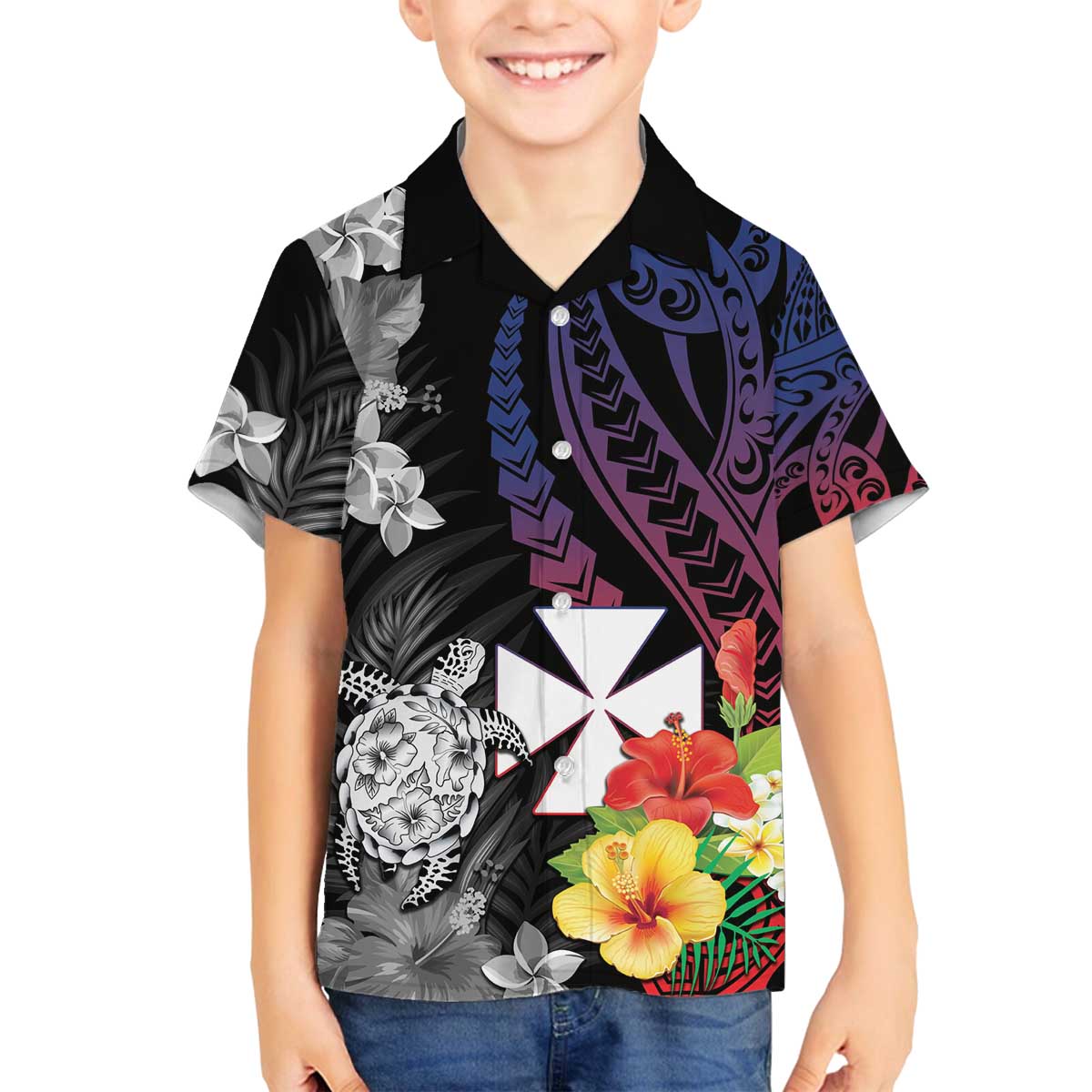 Wallis and Futuna Bastille Day Family Matching Off Shoulder Short Dress and Hawaiian Shirt Tropical Turtle Hibiscus Polynesian Pattern