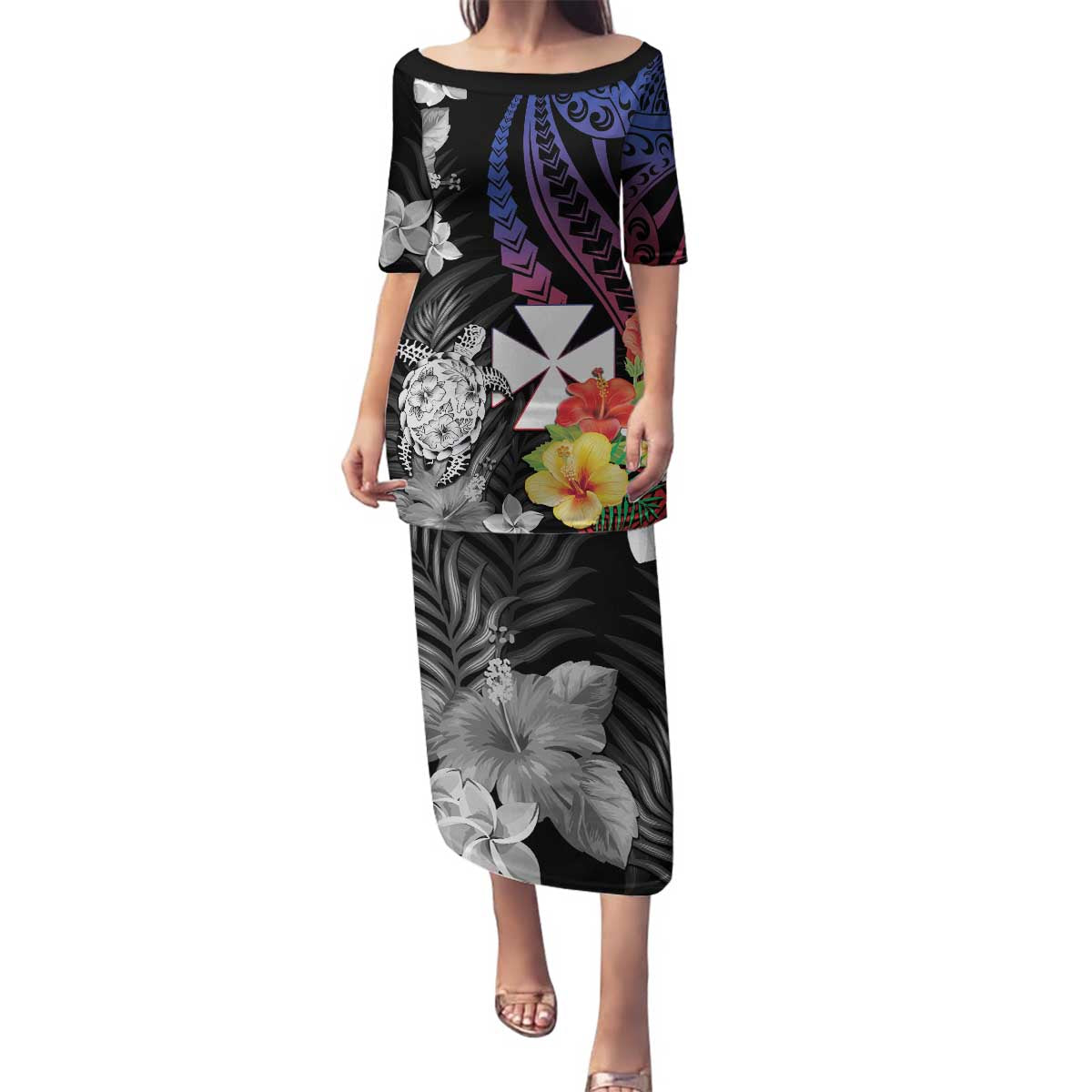 Wallis and Futuna Bastille Day Family Matching Puletasi and Hawaiian Shirt Tropical Turtle Hibiscus Polynesian Pattern