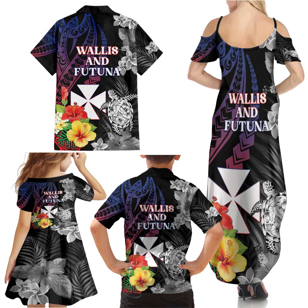 Wallis and Futuna Bastille Day Family Matching Summer Maxi Dress and Hawaiian Shirt Tropical Turtle Hibiscus Polynesian Pattern