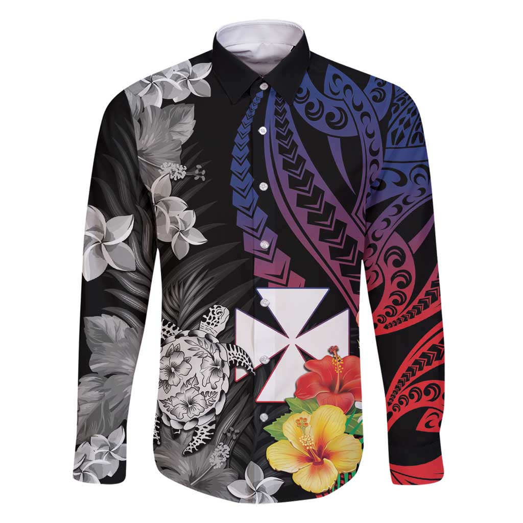 Wallis and Futuna Bastille Day Family Matching Tank Maxi Dress and Hawaiian Shirt Tropical Turtle Hibiscus Polynesian Pattern LT05 Dad's Shirt - Long Sleeve Black - Polynesian Pride