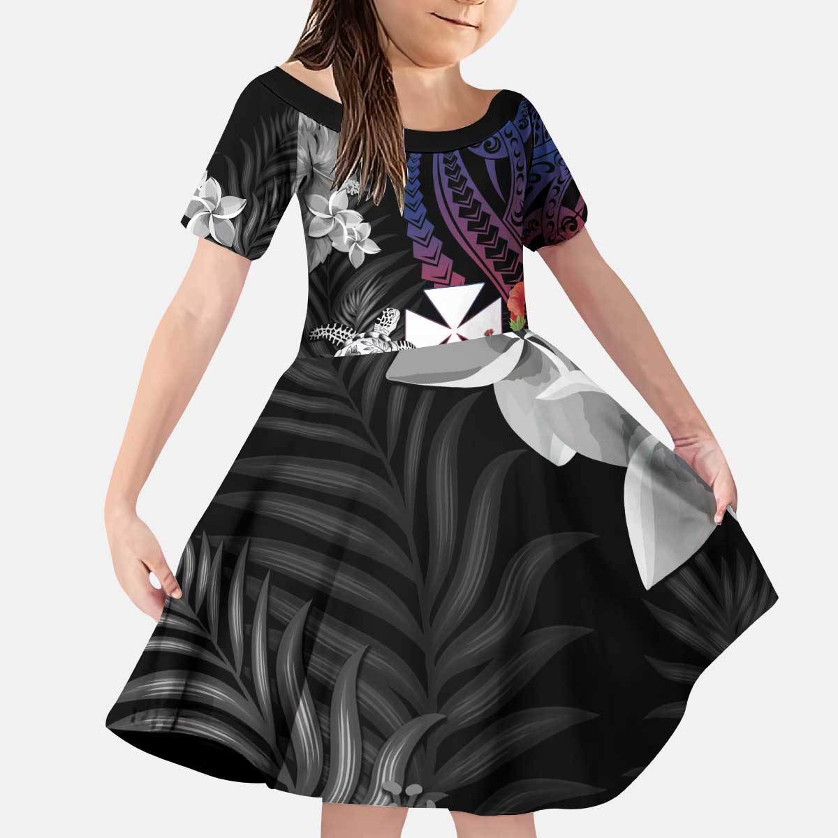 Wallis and Futuna Bastille Day Kid Short Sleeve Dress Tropical Turtle Hibiscus Polynesian Pattern LT05 KID Black - Polynesian Pride