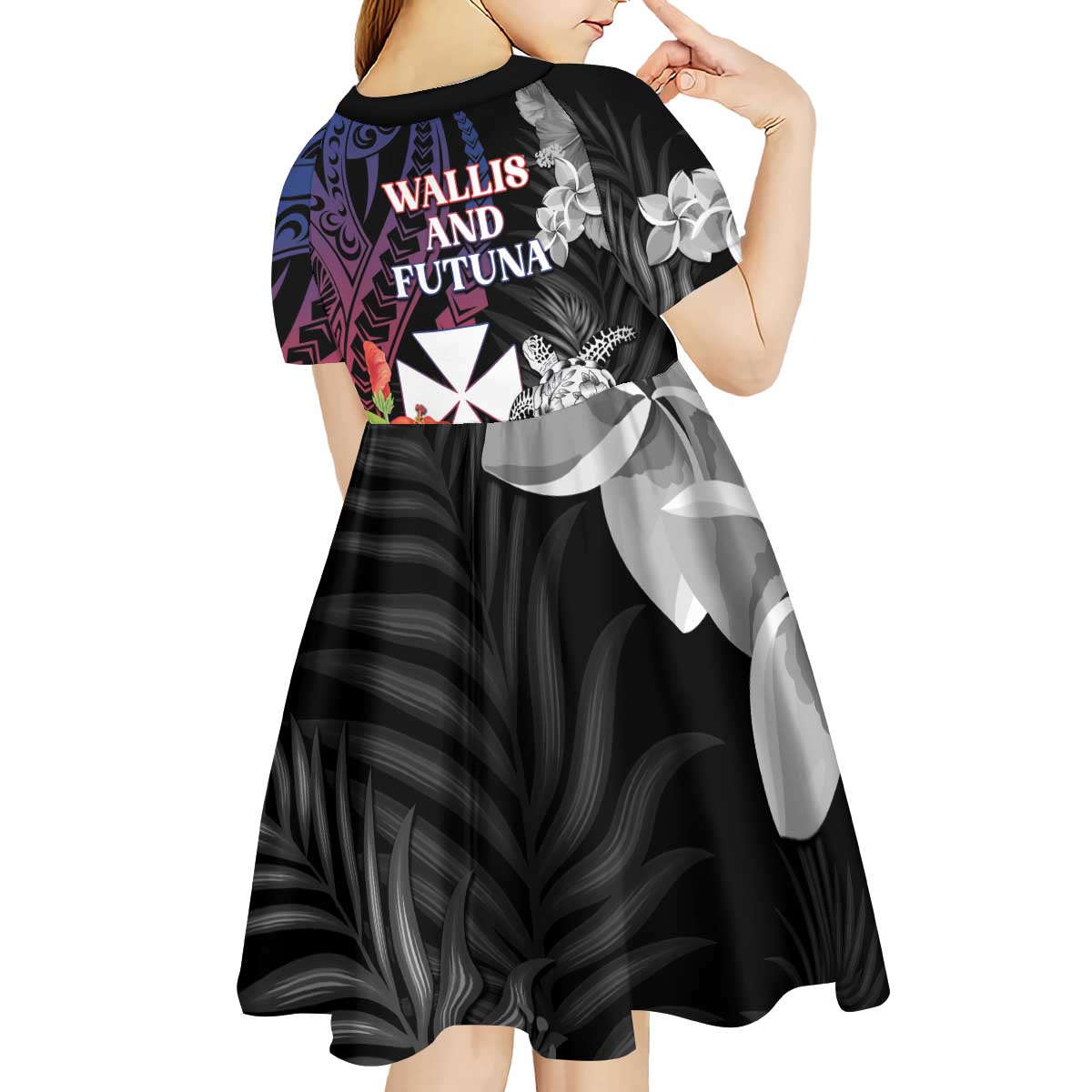 Wallis and Futuna Bastille Day Kid Short Sleeve Dress Tropical Turtle Hibiscus Polynesian Pattern LT05 - Polynesian Pride