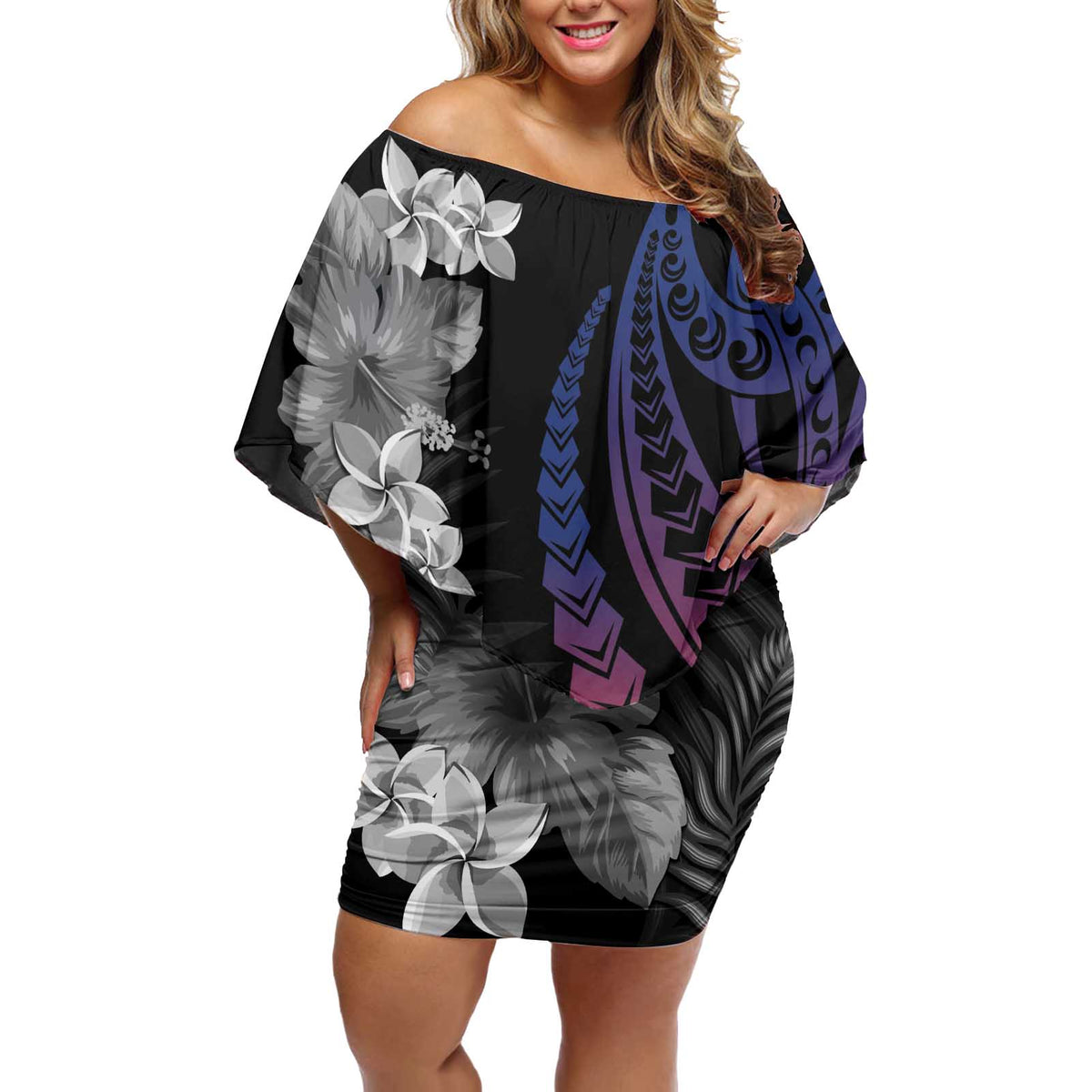 Wallis and Futuna Bastille Day Off Shoulder Short Dress Tropical Turtle Hibiscus Polynesian Pattern LT05 Women Black - Polynesian Pride