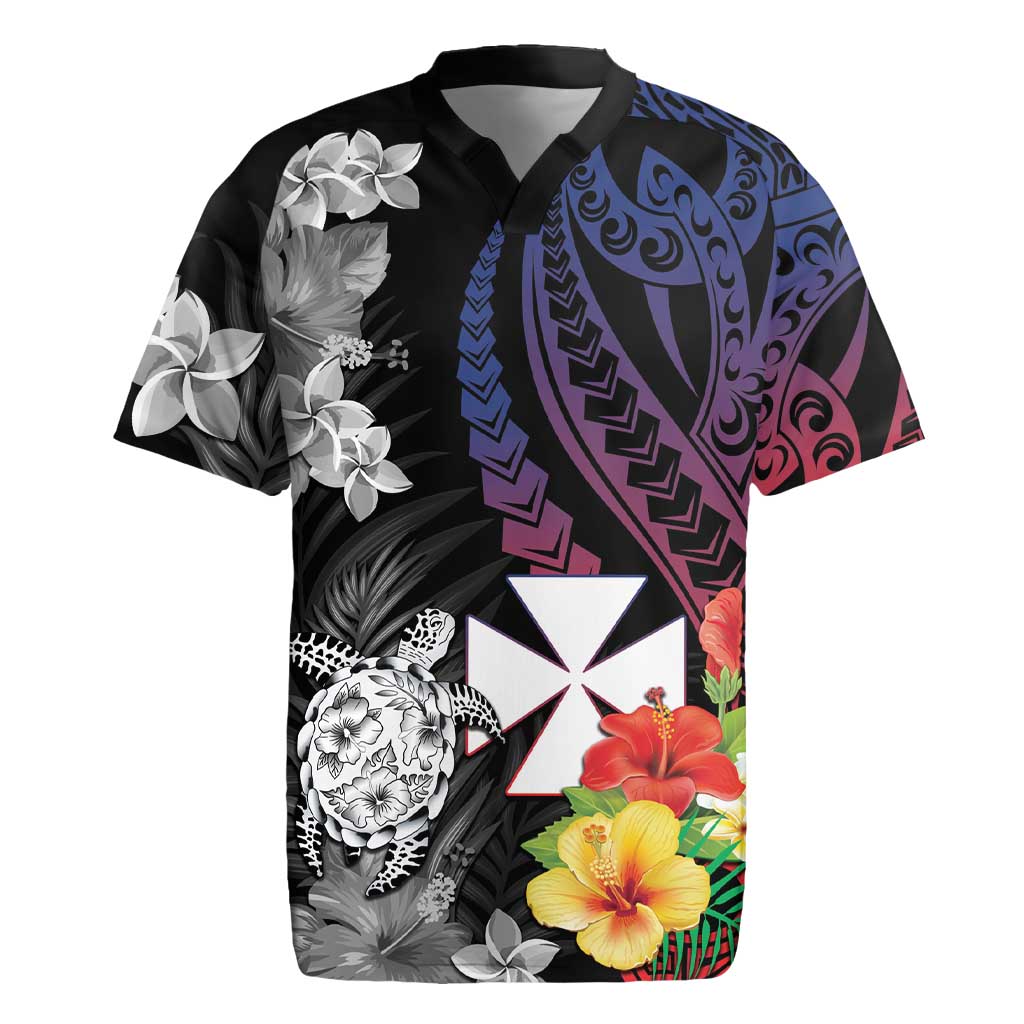 Wallis and Futuna Bastille Day Rugby Jersey Tropical Turtle Hibiscus Polynesian Pattern LT05 Black - Polynesian Pride