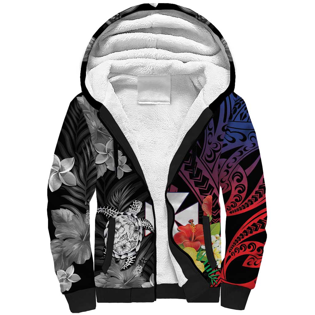 Wallis and Futuna Bastille Day Sherpa Hoodie Tropical Turtle Hibiscus Polynesian Pattern LT05 Unisex Black - Polynesian Pride