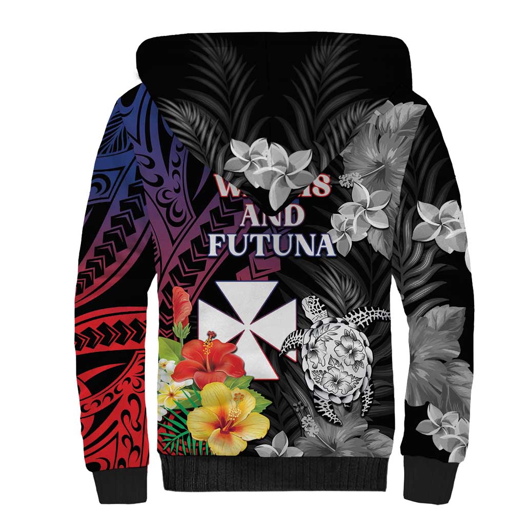 Wallis and Futuna Bastille Day Sherpa Hoodie Tropical Turtle Hibiscus Polynesian Pattern LT05 - Polynesian Pride