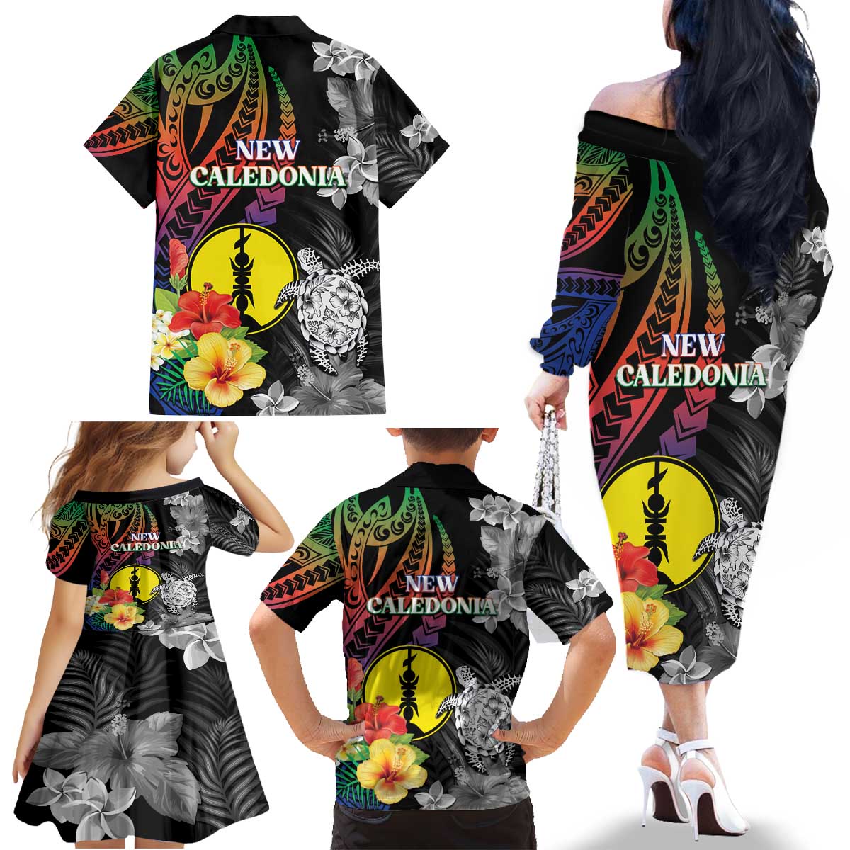 New Caledonia Bastille Day Family Matching Off The Shoulder Long Sleeve Dress and Hawaiian Shirt Tropical Turtle Hibiscus Polynesian Pattern LT05 - Polynesian Pride
