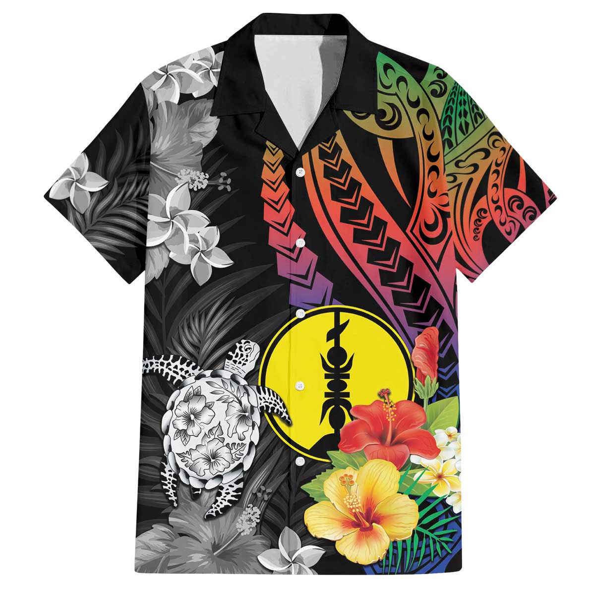 New Caledonia Bastille Day Family Matching Off The Shoulder Long Sleeve Dress and Hawaiian Shirt Tropical Turtle Hibiscus Polynesian Pattern LT05 Dad's Shirt - Short Sleeve Black - Polynesian Pride