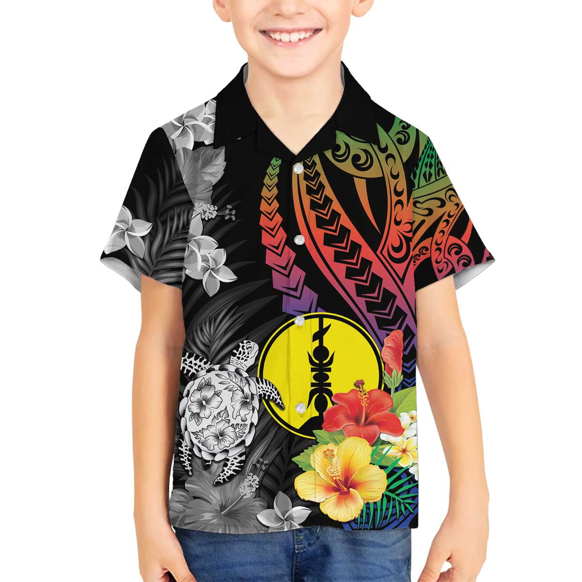 New Caledonia Bastille Day Family Matching Off The Shoulder Long Sleeve Dress and Hawaiian Shirt Tropical Turtle Hibiscus Polynesian Pattern LT05 Son's Shirt Black - Polynesian Pride