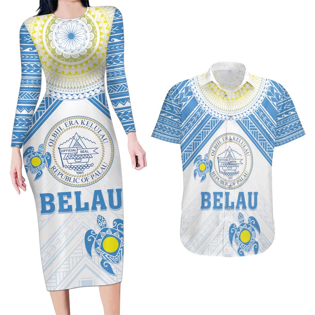 Personalised Palau Constitution Day Couples Matching Long Sleeve Bodycon Dress and Hawaiian Shirt Polynesian Turtle LT05 Blue - Polynesian Pride