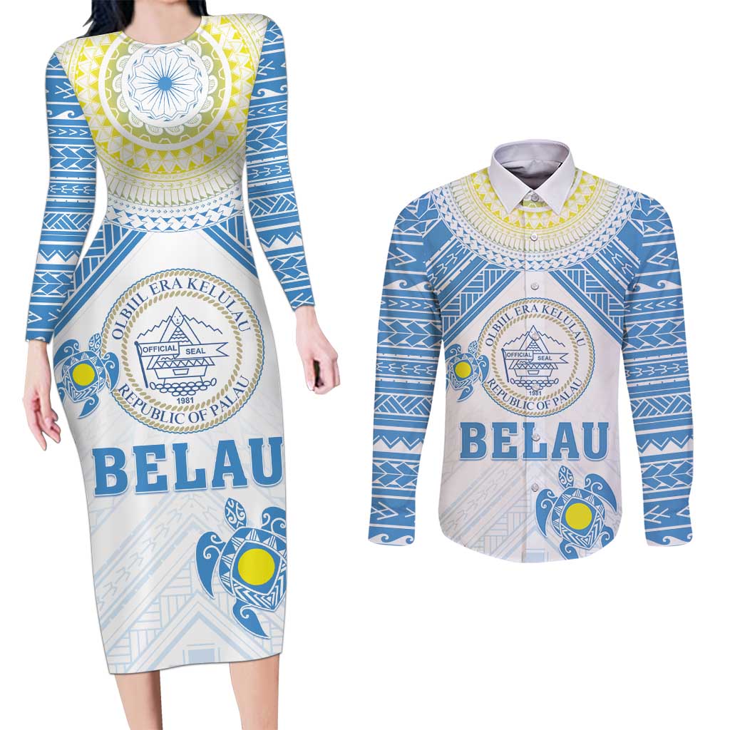 Personalised Palau Constitution Day Couples Matching Long Sleeve Bodycon Dress and Long Sleeve Button Shirt Polynesian Turtle LT05 Blue - Polynesian Pride