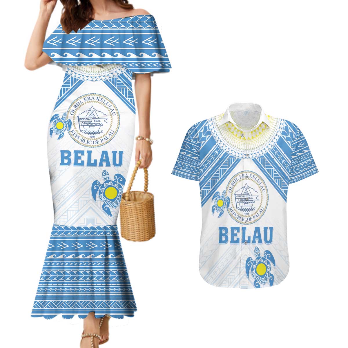 Personalised Palau Constitution Day Couples Matching Mermaid Dress and Hawaiian Shirt Polynesian Turtle LT05 Blue - Polynesian Pride