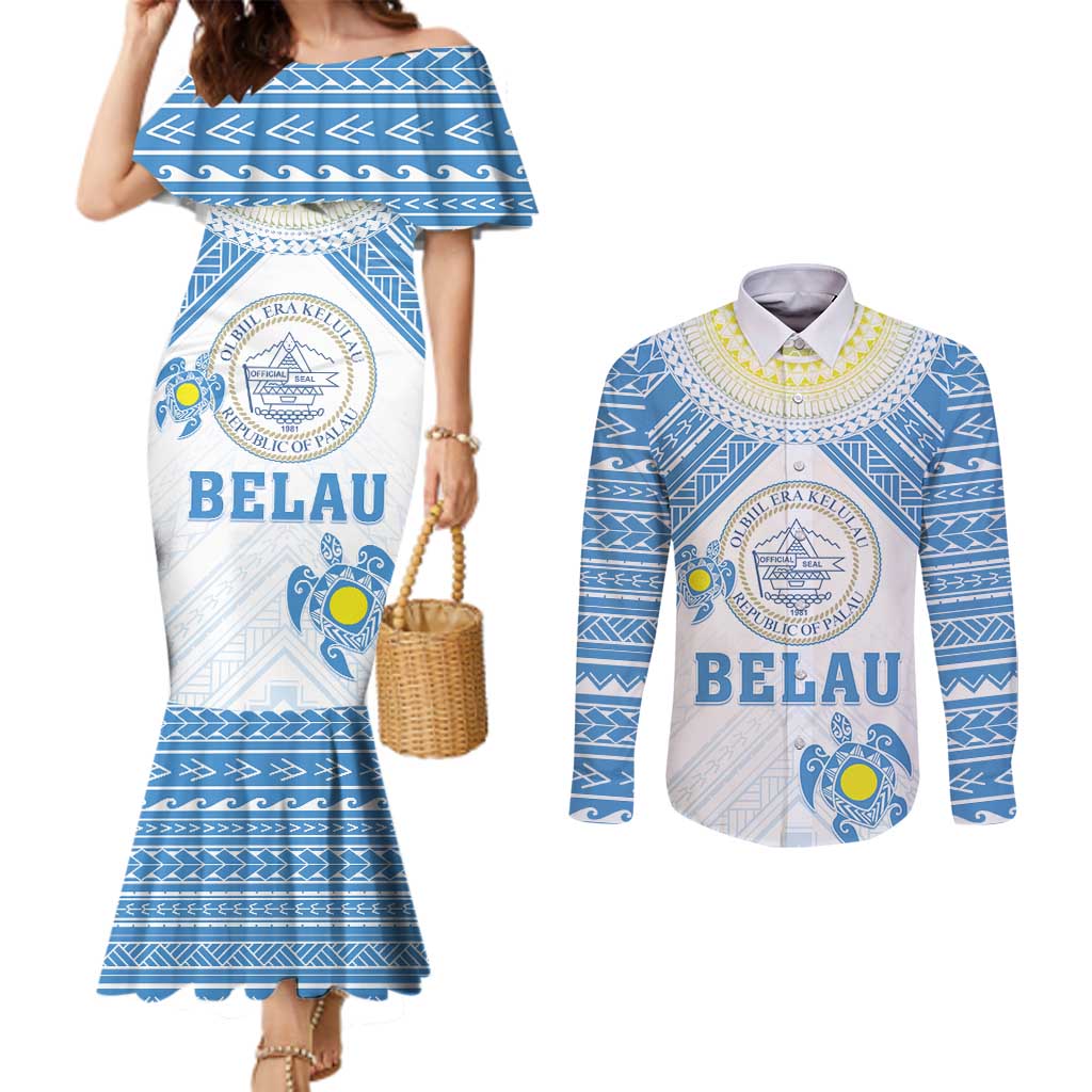Personalised Palau Constitution Day Couples Matching Mermaid Dress and Long Sleeve Button Shirt Polynesian Turtle LT05 Blue - Polynesian Pride