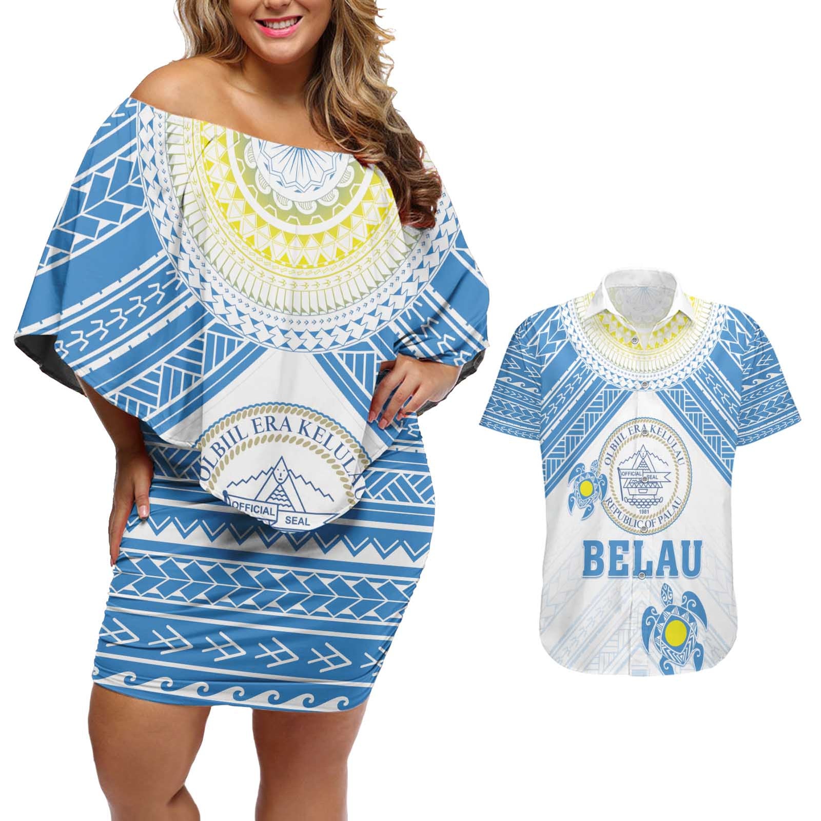 Personalised Palau Constitution Day Couples Matching Off Shoulder Short Dress and Hawaiian Shirt Polynesian Turtle LT05 Blue - Polynesian Pride