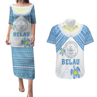 Personalised Palau Constitution Day Couples Matching Puletasi and Hawaiian Shirt Polynesian Turtle LT05 Blue - Polynesian Pride