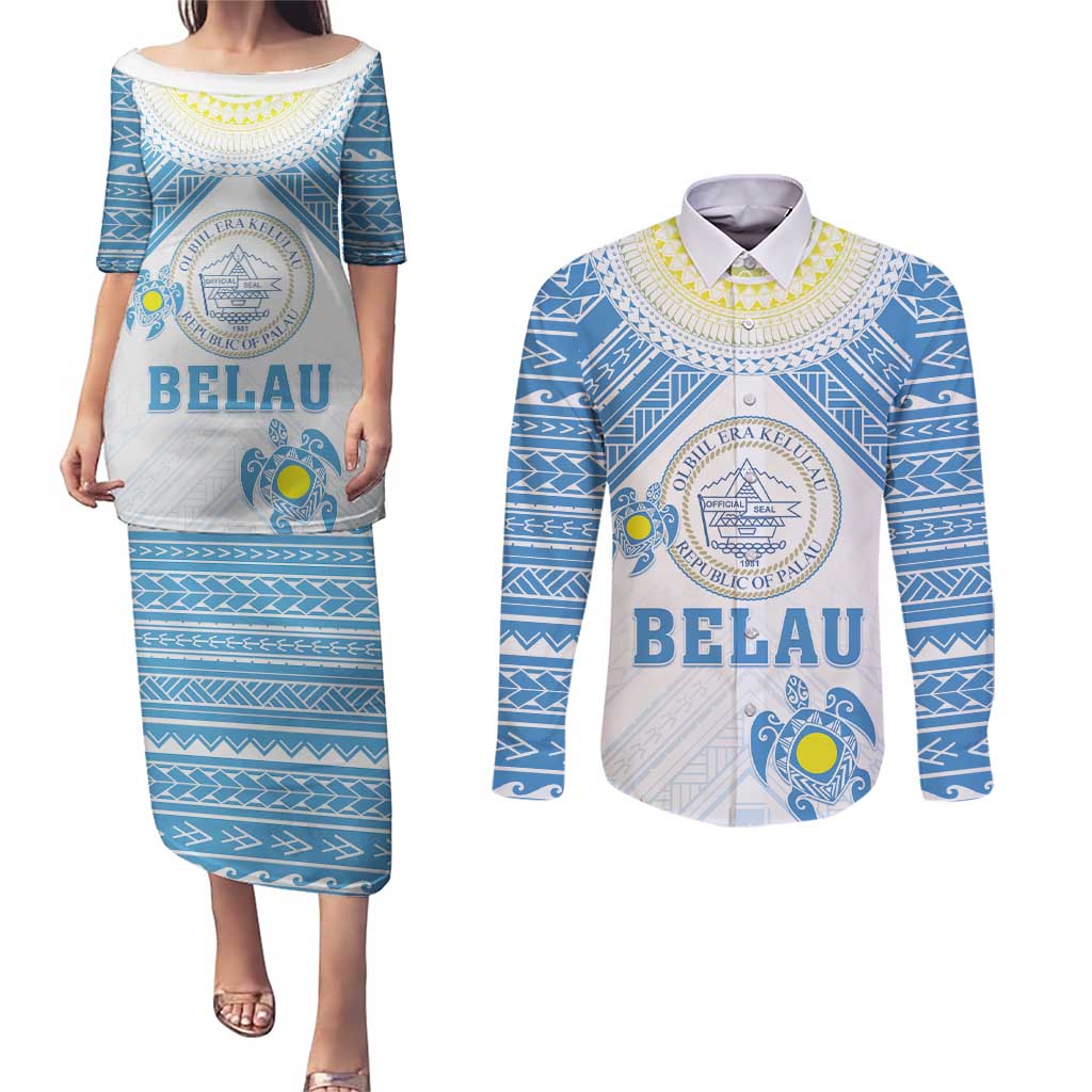 Personalised Palau Constitution Day Couples Matching Puletasi and Long Sleeve Button Shirt Polynesian Turtle LT05 Blue - Polynesian Pride