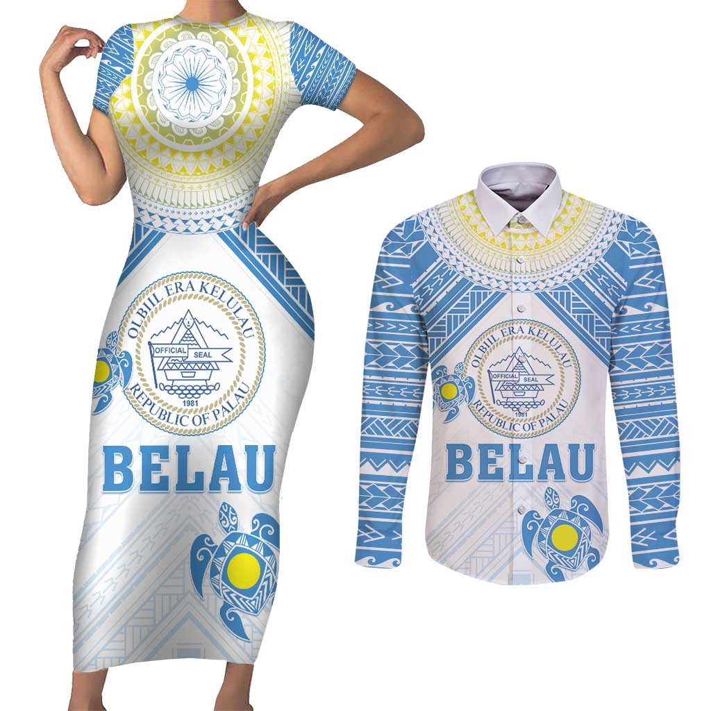 Personalised Palau Constitution Day Couples Matching Short Sleeve Bodycon Dress and Long Sleeve Button Shirt Polynesian Turtle LT05 Blue - Polynesian Pride