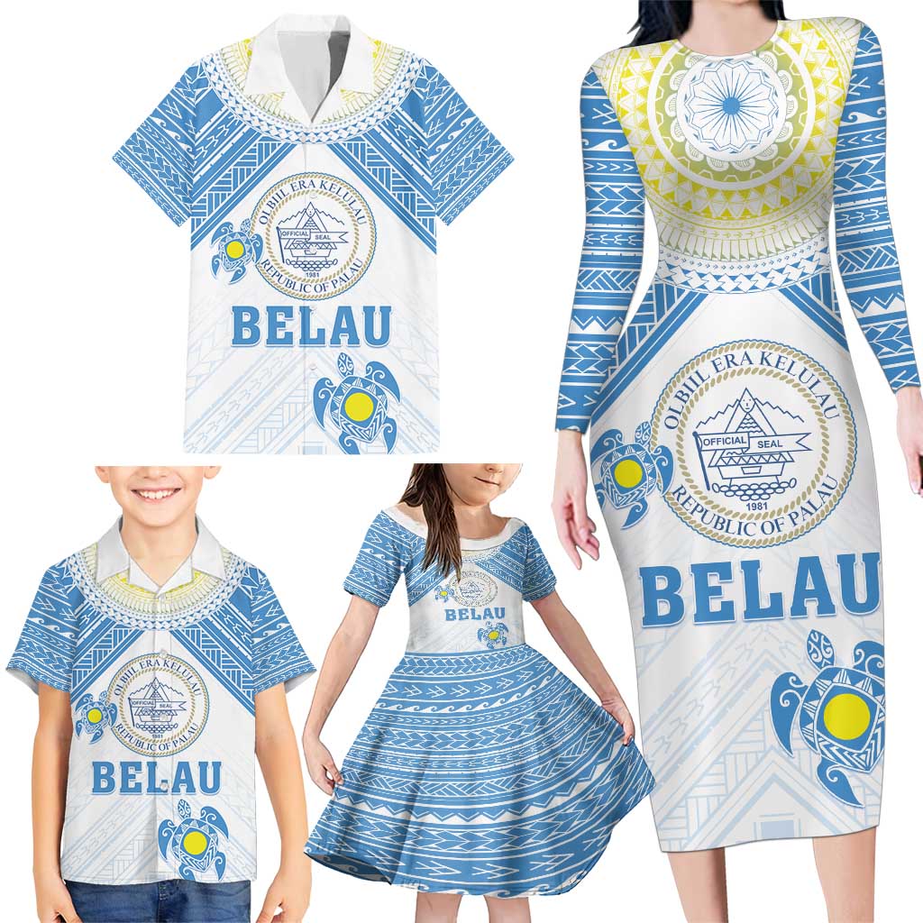 Personalised Palau Constitution Day Family Matching Long Sleeve Bodycon Dress and Hawaiian Shirt Polynesian Turtle LT05 - Polynesian Pride