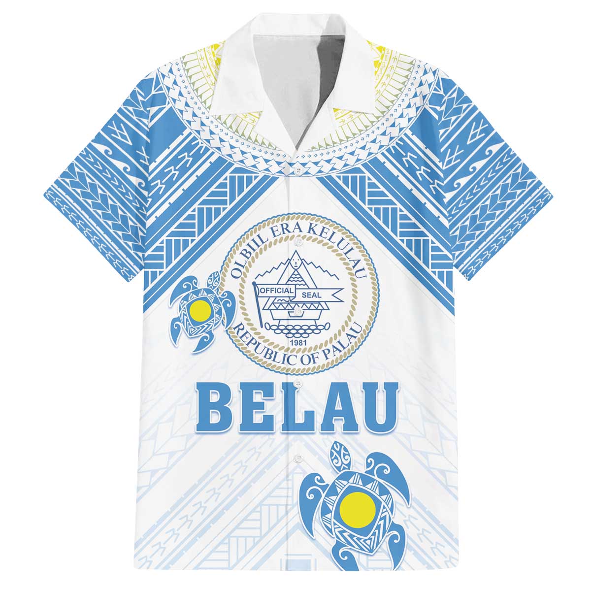 Personalised Palau Constitution Day Family Matching Off The Shoulder Long Sleeve Dress and Hawaiian Shirt Polynesian Turtle