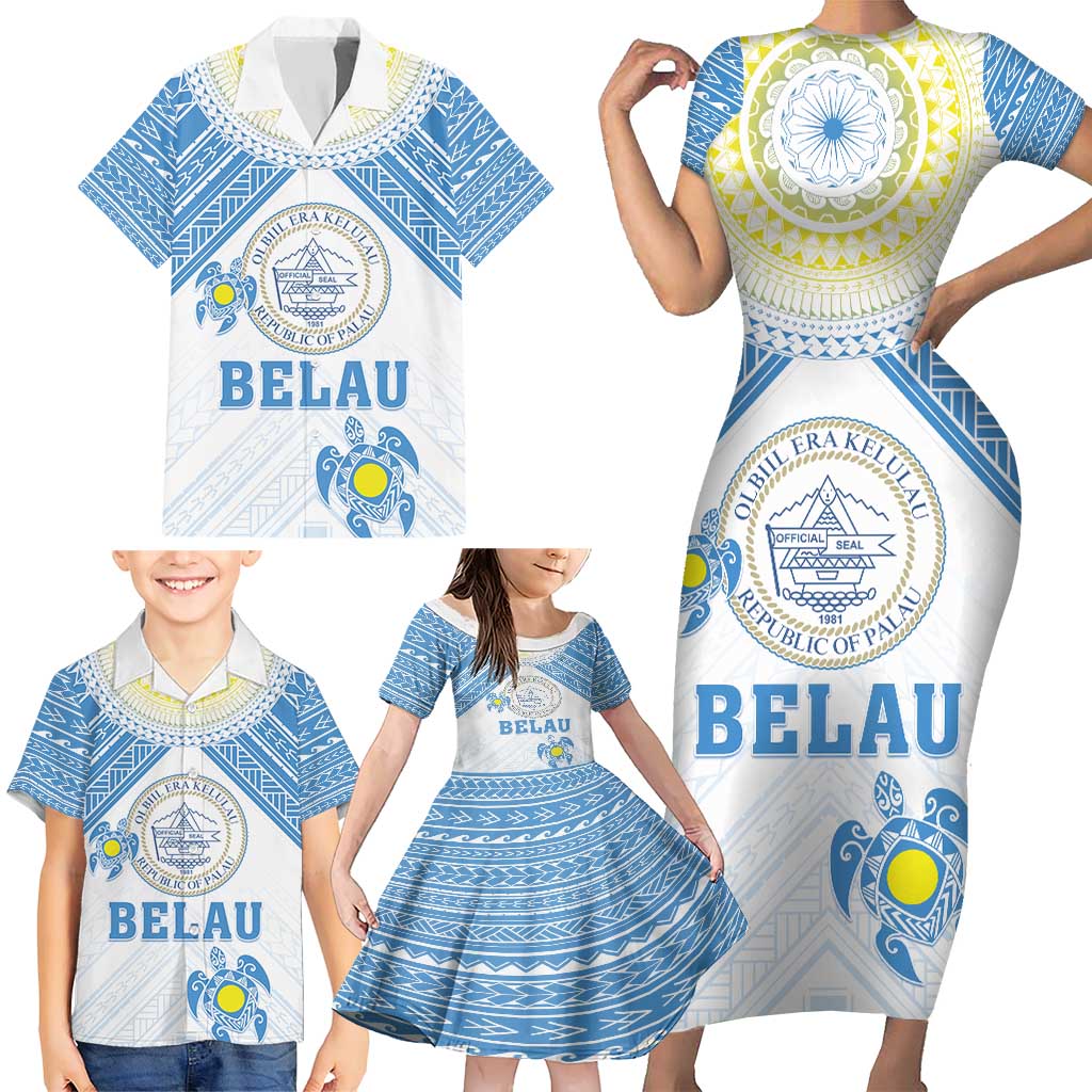Personalised Palau Constitution Day Family Matching Short Sleeve Bodycon Dress and Hawaiian Shirt Polynesian Turtle LT05 - Polynesian Pride