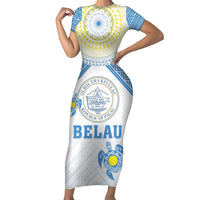 Personalised Palau Constitution Day Family Matching Short Sleeve Bodycon Dress and Hawaiian Shirt Polynesian Turtle