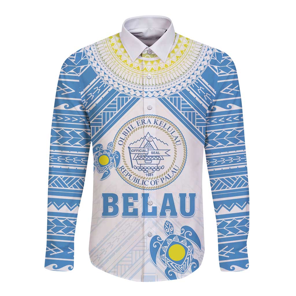Personalised Palau Constitution Day Long Sleeve Button Shirt Polynesian Turtle LT05 Unisex Blue - Polynesian Pride
