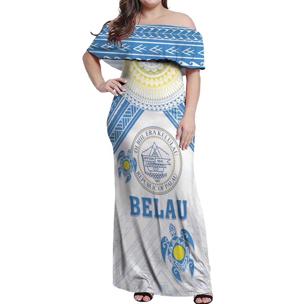 Personalised Palau Constitution Day Off Shoulder Maxi Dress Polynesian Turtle LT05 Women Blue - Polynesian Pride