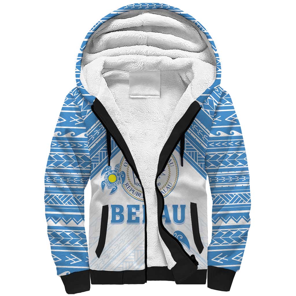 Personalised Palau Constitution Day Sherpa Hoodie Polynesian Turtle LT05 Unisex Blue - Polynesian Pride